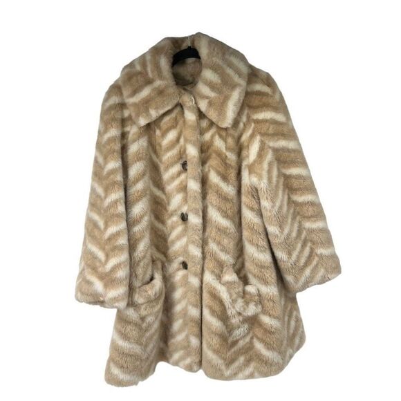 Vintage Sharpee Cream Brown Faux Fur Large Button Up Collared Coat - Picture 1 of 11